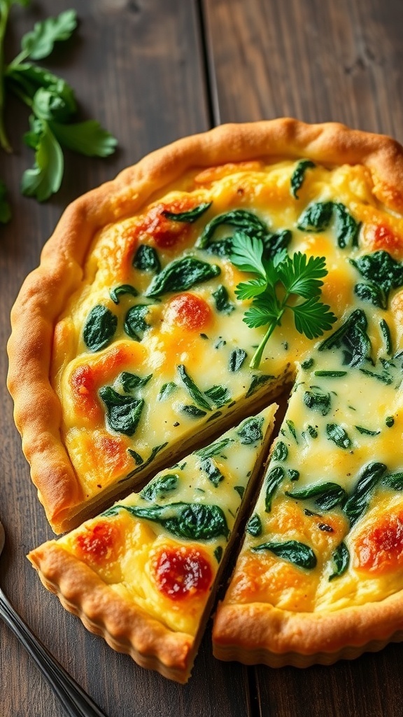 A slice of spinach and cheese quiche on a wooden table, garnished with parsley.